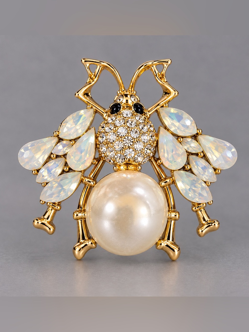 Gold Bee Pearl & Crystal Brooch - White Opal Wings